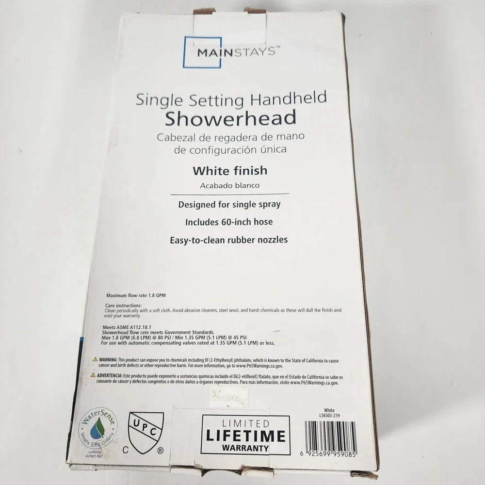 Mainstays Single Setting Handheld Showerhead White w/ 60